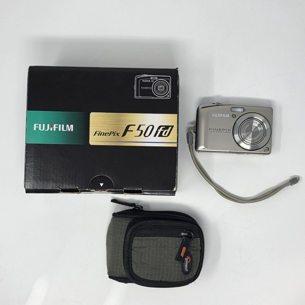 Fujifilm FinePix F50fd 12.0MP Digital Camera Silver 3x Optical Zoom Box Case